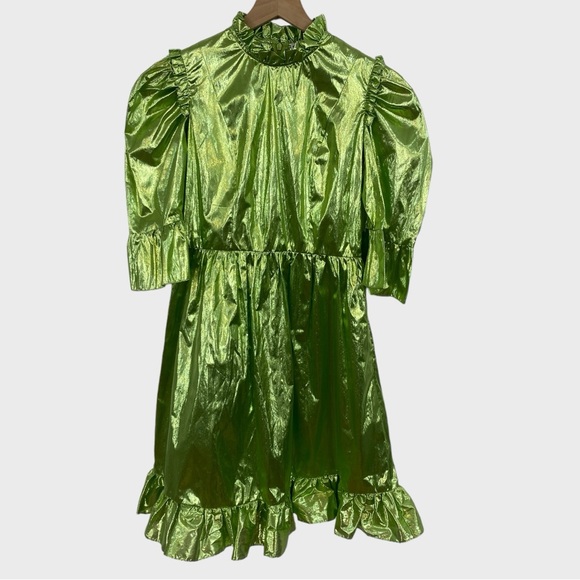 Batsheva NWT Metallic Green Ruffled Mini Dress with Pockets Size 2 - Picture 11 of 11